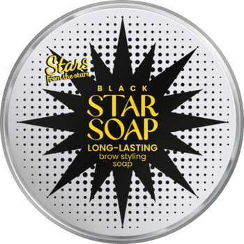 Okrągłe mydełko do brwi Stars from the stars Black Star Soap, frontalny widok, czarna gwiazda na kropkowanym tle.
