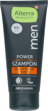 Szampon męski Alterra Power w ciemnoszarej tubce, front, z zielonym logo i pomarańczowym napisem o kofeinie.