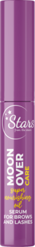Fioletowe serum Stars Moon Over Care do brwi i rzęs w pionowej butelce, widok z przodu, z napisem 'Super nourishing oil'.