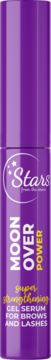 Fioletowe serum Stars Moon Over Power do brwi i rzęs, pionowa butelka, widok z przodu, napis Super Strengthening.