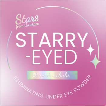 STARRY-EYED puder pod oczy, różowe opakowanie z irydescentnymi detalami i napisem 01 Pink Nebula.