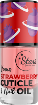 Venus Strawberry Cuticle & Nail Oil in pink bottle with red cap, purple strawberry planets & 'Stars' logo.