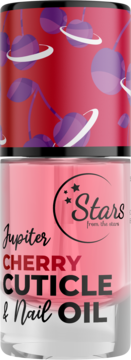 Różowy olejek Jupiter Cherry Cuticle & Nail Oil w butelce, widok z przodu, czerwona nakrętka w planety.