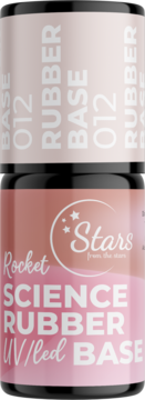 Jasnoróżowa butelka Rocket Science Rubber UV/LED Base 012 Stars, z logo i czarną nakrętką, widok z przodu.