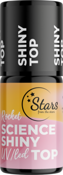 Buteleczka Rocket Science Shiny UV/LED Top, czarna nakrętka, żółto-różowy korpus, widok z przodu, lśniące wykończenie.