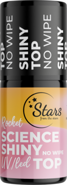 Czarna butelka topu do paznokci Rocket Science Shiny No Wipe UV/LED z żółtą i różową etykietą, widok z przodu.