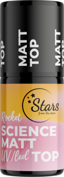 Pionowa butelka Rocket Science Matt UV/led Top, czarny korek, żółto-różowa etykieta z białym napisem.