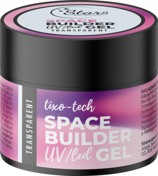 Stars SPACE BUILDER UV/led GEL transparentny, czarny słoiczek z różowo-fioletową etykietą, widok z góry pod kątem.