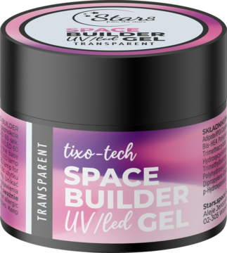 Stars SPACE BUILDER UV/led GEL transparentny, czarny słoiczek z różowo-fioletową etykietą, widok z góry pod kątem.