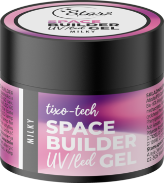 Słoiczek Stars Space Builder Gel Milky UV/LED do paznokci, czarny z fioletową etykietą, widok z przodu.
