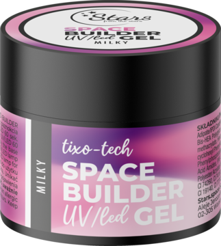 Słoiczek Stars Space Builder Gel Milky UV/LED do paznokci, czarny z fioletową etykietą, widok z przodu.