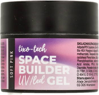 Czarny słoik żelu UV/LED do paznokci tixo-tech SPACE BUILDER w odcieniu Soft Pink, widok z przodu.