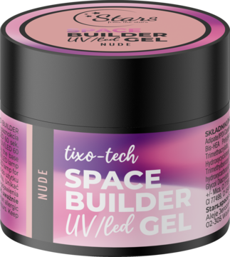 Żel budujący Stars Space Builder UV/LED Nude, 3w1 z tixo-tech, w czarnym słoiku z różową nakrętką.