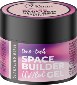 Stars Space Builder UV/LED Gel Sparkling Beige, czarny słoiczek z różową etykietą, widok z góry pod kątem.