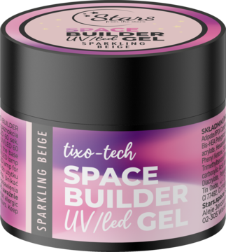 Stars Space Builder UV/LED Gel Sparkling Beige, czarny słoiczek z różową etykietą, widok z góry pod kątem.
