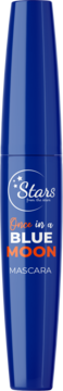 Granatowy tusz do rzęs Stars Once in a Blue Moon, z białym i pomarańczowym napisem, widok z przodu.
