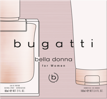 Bugatti Bella Donna For Women zestaw: różowa woda perfumowana i tuba żelu, widok z przodu.