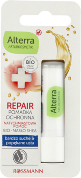 Biało-zielone opakowanie Alterra Repair pomadki ochronnej z bio-masłem shea, widok z przodu, sztyft balsamu.