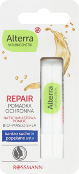 Alterra Repair pomadka ochronna do bardzo suchych ust z bio-masłem shea, w białym opakowaniu, widok z przodu.
