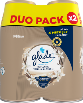 Glade Romantic Vanilla Blossom Duo Pack, automatyczny odświeżacz powietrza w beżowym opakowaniu, widok z przodu.