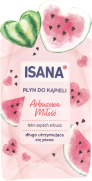 Płyn do kąpieli Isana Arbuzowa Miłość, różowe tło z sercami i plasterkami arbuza, widok z przodu.