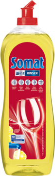 Somat 5in1 Rinser lemon dishwasher rinse aid, yellow bottle, red label, sparkling glass, front view.