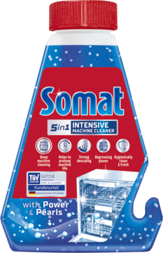 Somat 5in1 Intensive Machine Cleaner, butelka w czerwono-niebieskich barwach z napisem i perłami, widok z przodu.