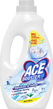 Biała butelka detergentu ACE BOOSTER Whites 1L. Widok z przodu. Napisy: "NOU", "FĂRĂ CLOR", "Odplamiacz do białego".