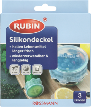 Niebieskie opakowanie silikonowych pokrywek Rubin, 3 rozmiary, z wizualizacjami użycia na żywności.
