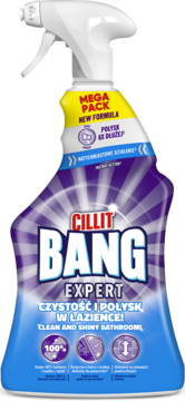 Cillit Bang Expert spray Czystość i Połysk do łazienki, butelka niebiesko-fioletowa, widok z przodu.