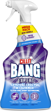Cillit Bang Expert spray Czystość i Połysk do łazienki, butelka niebiesko-fioletowa, widok z przodu.
