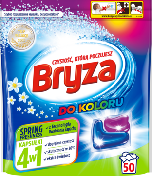 Fioletowa saszetka Bryza 4w1 kapsułki do prania kolorowych tkanin Spring Freshness, widok z przodu.