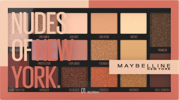 Maybelline Nudes of New York, 16 neutralnych cieni do powiek, od matowych po perłowe, na tle w beżu i brązie.
