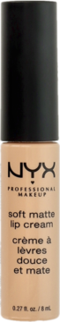 NYX Soft Matte Lip Cream in light peach nude, cylindrical bottle with black cap, front view. Text clear.
