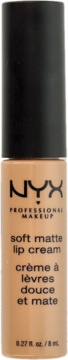 NYX Soft Matte Lip Cream w beżowym odcieniu, pionowo, z czarną nakrętką i widocznym napisem.