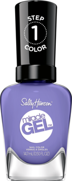 Sally Hansen Miracle Gel lakier do paznokci, fioletowy, butelka z czarną nakrętką "STEP 1 COLOR", widok z przodu.