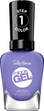 Sally Hansen Miracle Gel lakier do paznokci, fioletowy, butelka z czarną nakrętką "STEP 1 COLOR", widok z przodu.