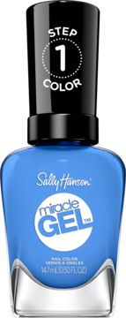 Niebieski lakier Sally Hansen Miracle Gel, butelka z czarną nakrętką "STEP 1 COLOR", widok z przodu.