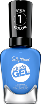 Niebieski lakier Sally Hansen Miracle Gel, butelka z czarną nakrętką "STEP 1 COLOR", widok z przodu.