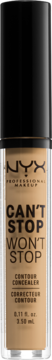 NYX Can't Stop Won't Stop korektor, beżowy odcień, w przezroczystej tubie z czarną nakrętką. Widok z przodu.