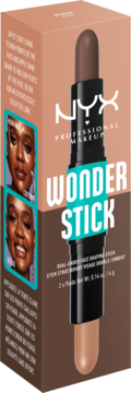 NYX Wonder Stick, dwustronny sztyft do konturowania i rozświetlania, częściowo wysunięty z pudełka.
