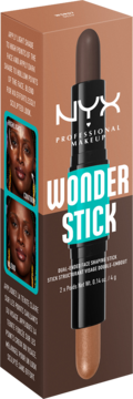 NYX Wonder Stick, brązowy dualny sztyft do konturowania i rozświetlania, widok z przodu z pudełkiem.