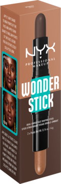 NYX Wonder Stick, brązowy dualny sztyft do konturowania i rozświetlania, widok z przodu z pudełkiem.