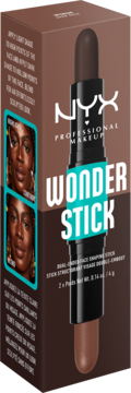 NYX Wonder Stick: dualny sztyft do konturowania i rozświetlania, jasny i ciemny brąz, w brązowym pudełku.