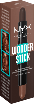 NYX Wonder Stick: dualny sztyft do konturowania i rozświetlania, jasny i ciemny brąz, w brązowym pudełku.