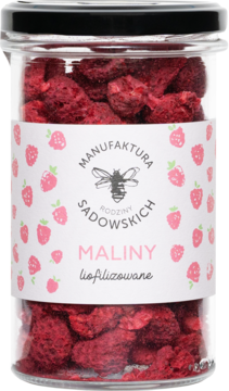 Szklany słoik z liofilizowanymi malinami Manufaktura Sadowskich, widok z przodu, biała etykieta z truskawkami.