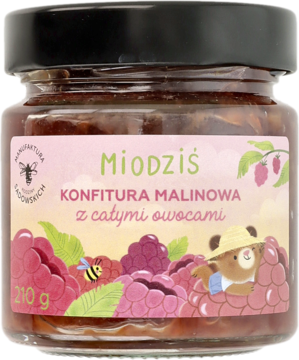 Konfitura malinowa Miodziś z całymi owocami, w szklanym słoiku, widok z przodu. Różowa etykieta z misiem i malinami.