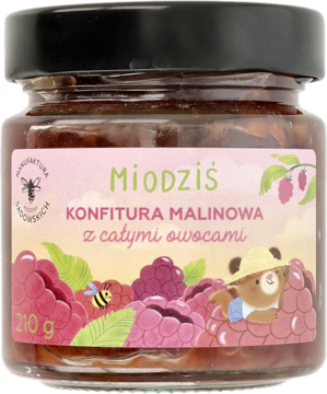 Konfitura malinowa Miodziś z całymi owocami, w szklanym słoiku, widok z przodu. Różowa etykieta z misiem i malinami.