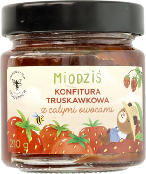 Przezroczysty słoik konfitury truskawkowej Miodziś, 210g, z całymi owocami i zieloną etykietą z misiem. Widok z przodu.