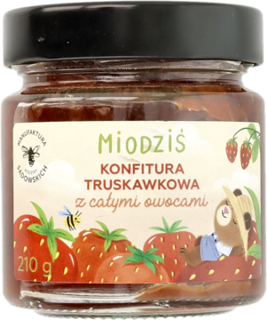 Przezroczysty słoik konfitury truskawkowej Miodziś, 210g, z całymi owocami i zieloną etykietą z misiem. Widok z przodu.
